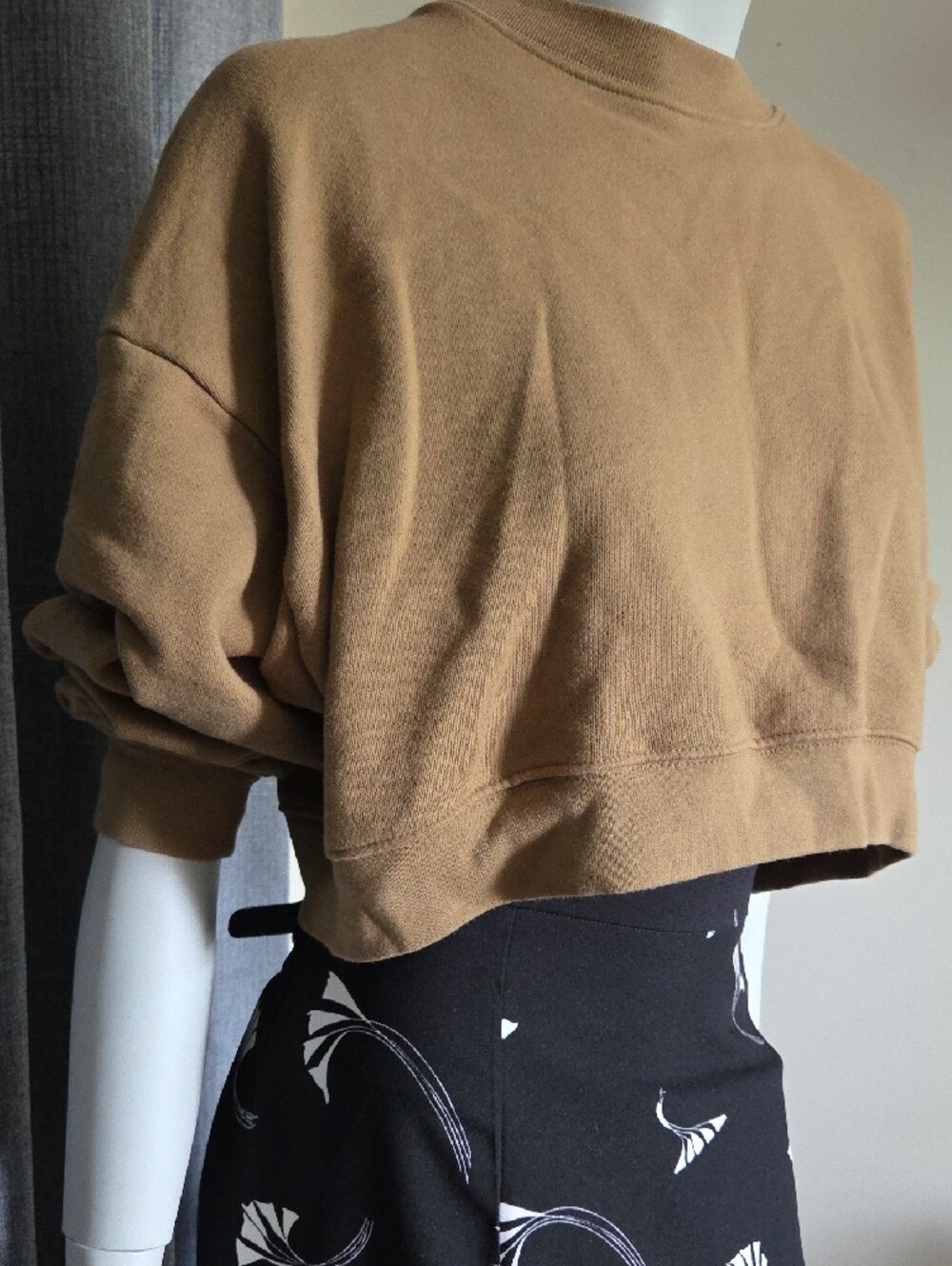 OAK + FORT Oversized Cropped Crewneck Sweater in Camel Brown - Picture 5 of 10